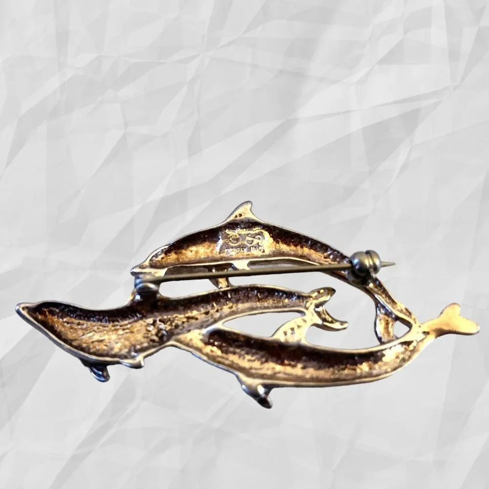 Sterling Silver 925 Dolphin Pin Brooch 3 Playful Dolphins Signed